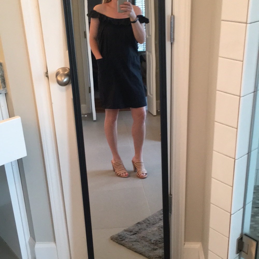 Loeffler Randall black off shoulder shift dress